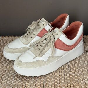 Vince Warren Court White Leather Sneakers Suede Coral Accent Women’s Size 8.5